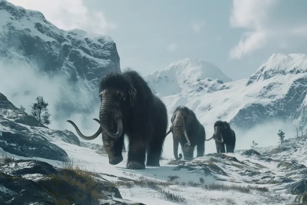 Mammoths Walking in a Snow