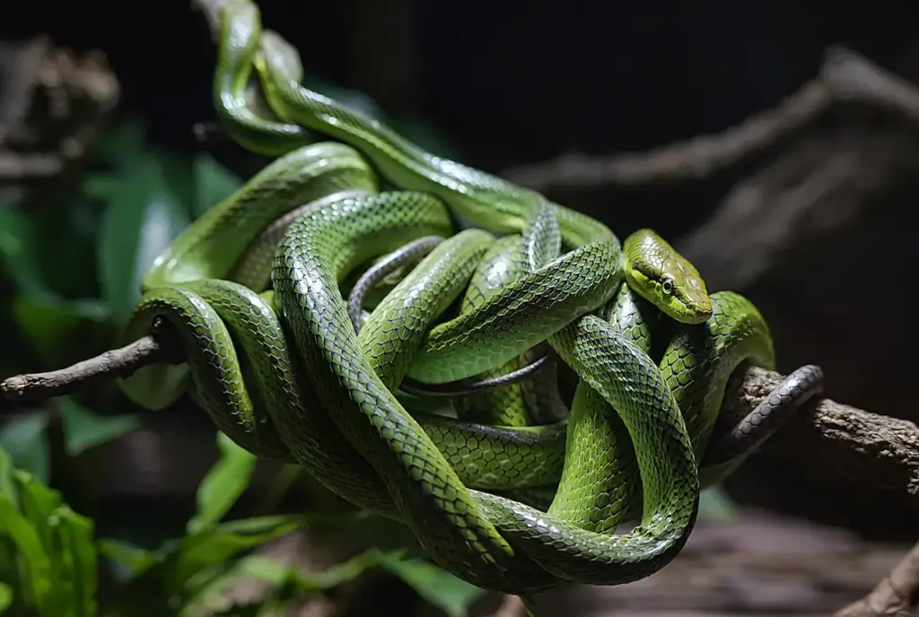 Rain Forest Snakes, Tangle Of Geen Snakes Around The Branch